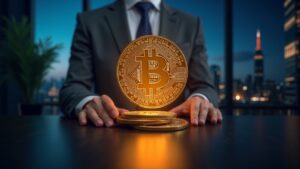 Bitcoin resplandece sobre símbolo del BCE roto, inversionista europeo atento en sala de noticias, reflejando QE y devaluación.