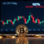 Bitcoin en primer plano con gráfico de trading y gap CME alrededor de 107k, cuenta atrás para el CPI, ambiente de noticias.