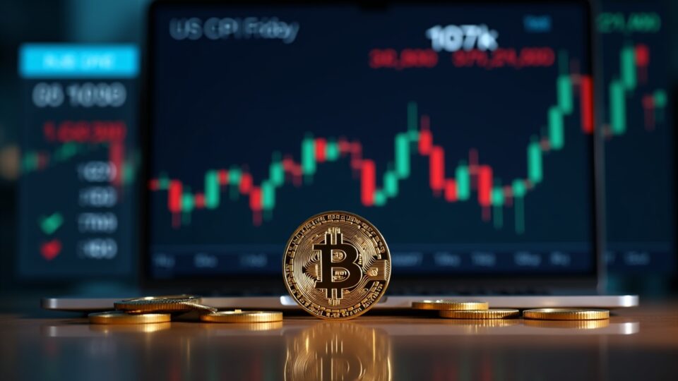 Bitcoin en primer plano con gráfico de trading y gap CME alrededor de 107k, cuenta atrás para el CPI, ambiente de noticias.