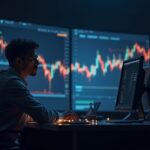 Trader de criptomonedas en sala de trading observa gráfico CME de Bitcoin con líneas holográficas hacia 130k.