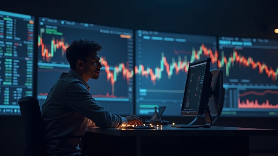 Trader de criptomonedas en sala de trading observa gráfico CME de Bitcoin con líneas holográficas hacia 130k.