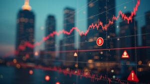 Gráfico de Bitcoin ETF con salida de 490 millones, torre borrosa sugiriendo BlackRock y señales rojas de liquidez.