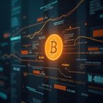 Logo realista de Bitcoin con flujos de datos hacia un certificado ETF, fondo de noticias institucional y enfoque regulatorio.