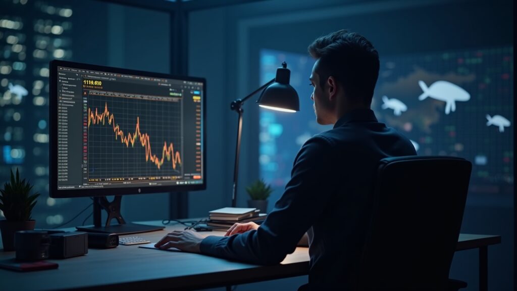 Photorealistic crypto trader at a sleek desk, Bitcoin futures charts glow with a CME gap near 110000, whale silhouettes and a digital grid.