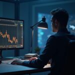 Photorealistic crypto trader at a sleek desk, Bitcoin futures charts glow with a CME gap near 110000, whale silhouettes and a digital grid.