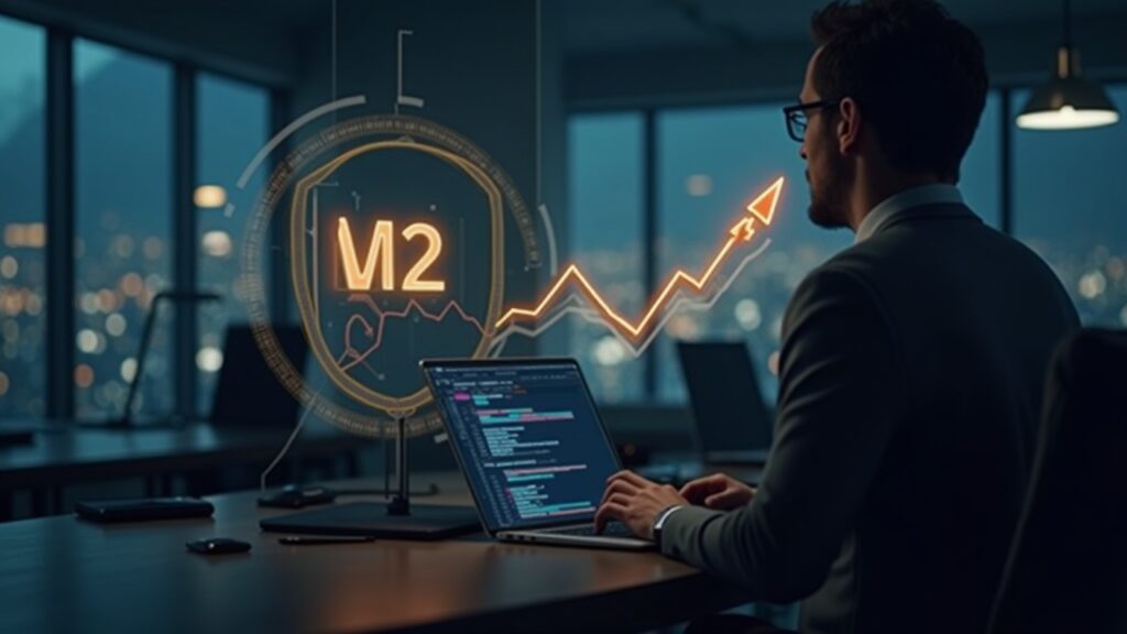 Analista cripto en oficina moderna junto al logo de BTC y un gráfico de liquidez M2 con flecha ascendente.