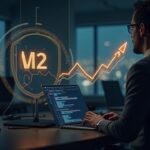 Analista cripto en oficina moderna junto al logo de BTC y un gráfico de liquidez M2 con flecha ascendente.