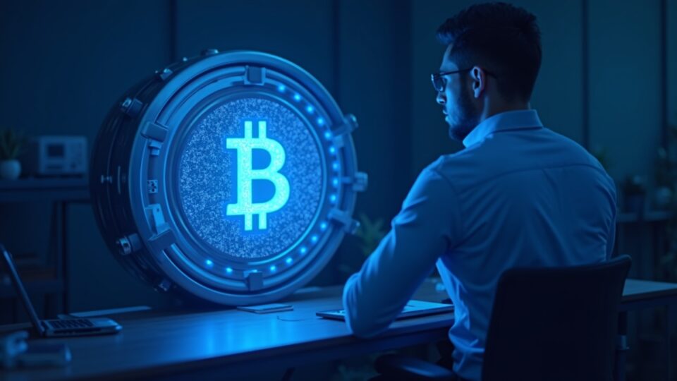 Bóveda de Bitcoin fotorealista con brillo azul; trader frente a un escritorio, BTC nativo como colateral en DeFi.