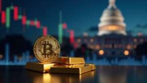 Imagen realista de Bitcoin y lingotes de oro sobre mesa de trading, con símbolos de recorte de tasas y Capitolio difuminado