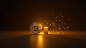 Bitcoin central junto a una barra de oro luminosa y un gráfico BTC-oro, señalando sobreventa y riesgo de mercado.
