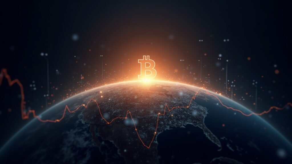 Bitcoin y S&P 500 convergen hacia un horizonte compartido, con nodos digitales que reflejan mayor correlación.
