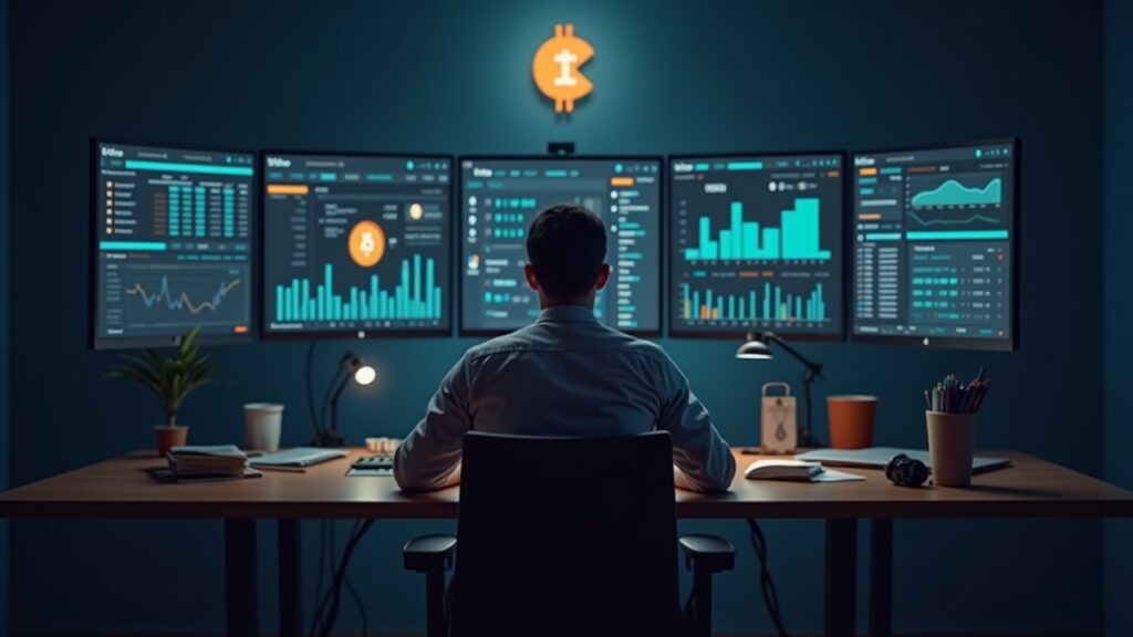 Poseedor de Bitcoin cauteloso ante pantallas de BTCFi y un puente DeFi seguro, con logo de Bitcoin al fondo.