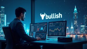 Trader institucional en mesa de trading de alta tecnología, tickers cripto, logo Bullish y skyline de Nueva York.
