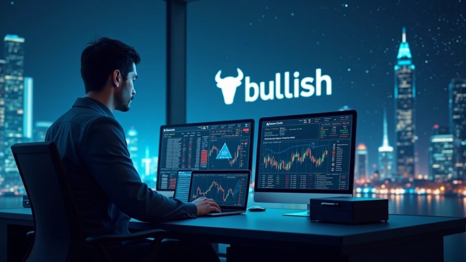 Trader institucional en mesa de trading de alta tecnología, tickers cripto, logo Bullish y skyline de Nueva York.