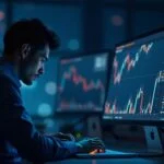 Trader concentrado ante un escritorio moderno, analíticas on-chain brillantes y gráficos de SNX sobre Ethereum.
