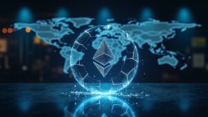 Escena periodística realista con holograma NFT de Ethereum que se rompe, frente a un mapa de nube con fallo AWS.