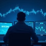 Trader cripto en primer plano ante pantallas con caídas de BTC, ETH y XRP; gráfico de ciclo de cuatro años y logos de ETFs.