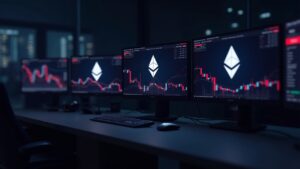 Escena de mesa de trading con caída de ETH, logo de Ethereum y señales rojas de liquidación