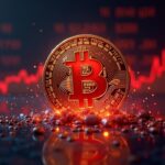 Imagen fotorrealista: logo central de meme coin cayendo, gráfico rojo y resplandor de Bitcoin, estética cripto tipo newsroom.