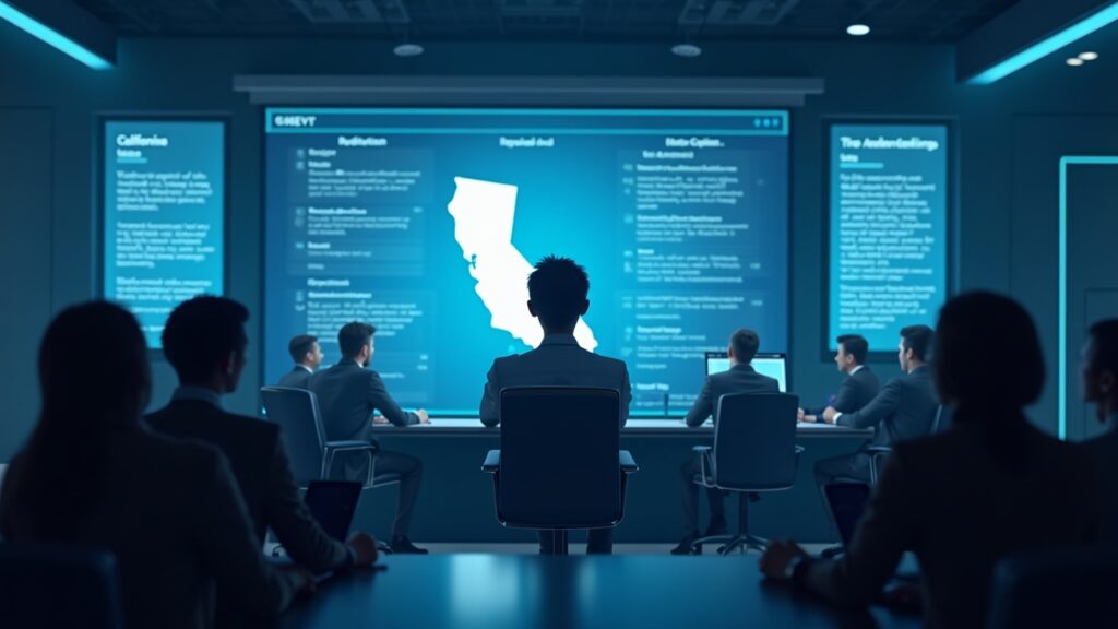 Escena fotorrealista en redacción: avatar de IA central, silueta de California y documentos regulatorios.