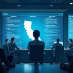 Escena fotorrealista en redacción: avatar de IA central, silueta de California y documentos regulatorios.