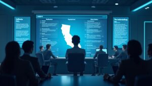Escena fotorrealista en redacción: avatar de IA central, silueta de California y documentos regulatorios.