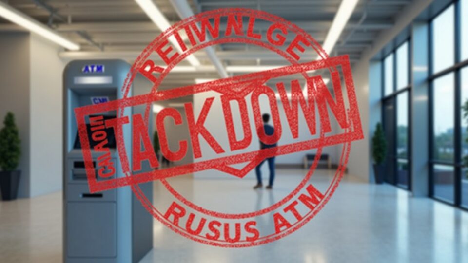 Cajero Bitcoin en California con insignia regulatoria roja y escudo, símbolo de cumplimiento y protección al consumidor.