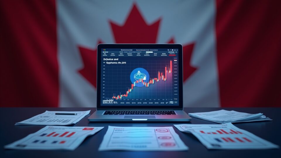 Encabezado fotorealista: terminal de intercambio de criptomonedas, bandera de Canadá, hojas AML/KYC y una marca roja de multa.