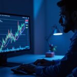 Trader fotorealista frente a monitor con logo ADA y gráfico con dobles death cross EMA12/EMA50, flechas rojas, iluminación azul neon.