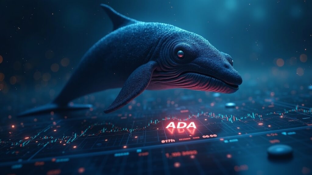Ballena de criptomonedas frente al logo iluminado de Cardano, pantalla de trading con gráfico que cae a 0,60 USD.