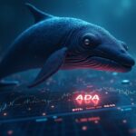 Ballena de criptomonedas frente al logo iluminado de Cardano, pantalla de trading con gráfico que cae a 0,60 USD.