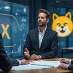 Cardano founder presents a Doge 2.0 blueprint in a sleek newsroom; Dogecoin in foreground, muted X logo in background.