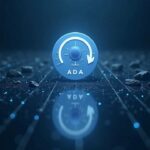 Emblema de Cardano en el centro, escena dividida entre influjos al alza y presión de ballenas, precio cercano a 0,70 USD.