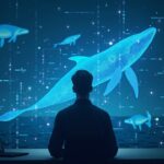 Trader observando gráfico holográfico de LINK, ballenas al fondo y nodos de blockchain brillando, señalando acumulación.