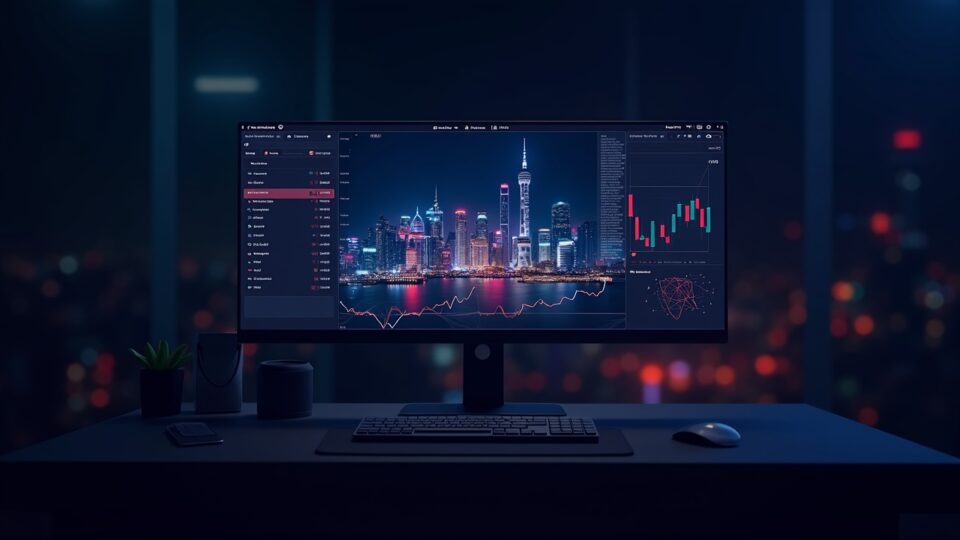 Photorealistic trading desk with a Chinese budget AI UI showing crypto charts, neon Shanghai skyline, and decentralization symbols.