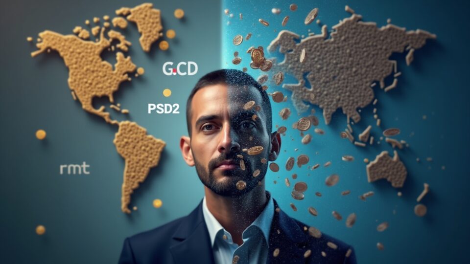 Ejecutivo de Circle en el centro, fondo dividido entre MiCA y PSD2, tokens EMT flotando para ilustrar el choque regulatorio de la UE.