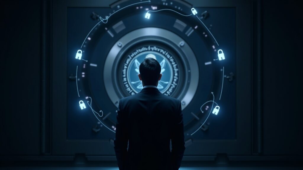 Ejecutivo bancario ante una bóveda de custodia cripto futurista, llaves privadas brillantes y hologramas regulatorios.