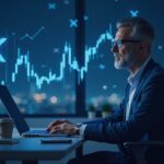 Escena fotorrealista: cofundador de Ripple en escritorio moderno, XRP al alza, flujo de salida de efectivo y iconos reguladores.
