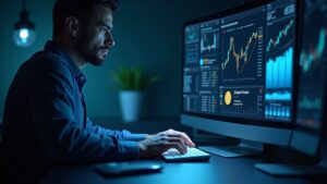Profesional financiero observa un panel holográfico con BTC como colateral, préstamos en USDC y logos DeFi Morpho cbBTC.