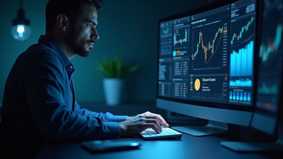 Profesional financiero observa un panel holográfico con BTC como colateral, préstamos en USDC y logos DeFi Morpho cbBTC.