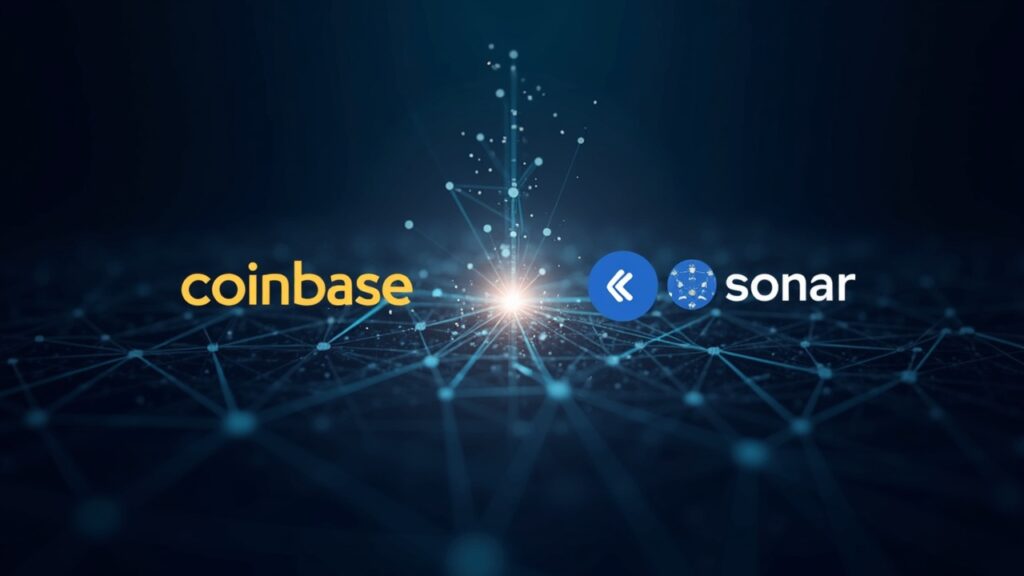 Logos de Coinbase y Echo Sonar fusionados sobre una blockchain luminosa, inversores observan una venta pública onchain