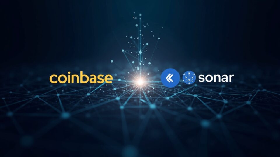 Logos de Coinbase y Echo Sonar fusionados sobre una blockchain luminosa, inversores observan una venta pública onchain