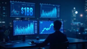 Operador de trading en sala de noticias, pantallas con gráfico ascendente a $1B y logo de Coinbase al fondo.