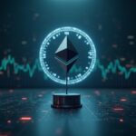 Validador de Ethereum en primer plano, con una larga cola de ETH y un reloj, ilustrando la salida de staking y la liquidez.