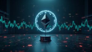 Validador de Ethereum en primer plano, con una larga cola de ETH y un reloj, ilustrando la salida de staking y la liquidez.