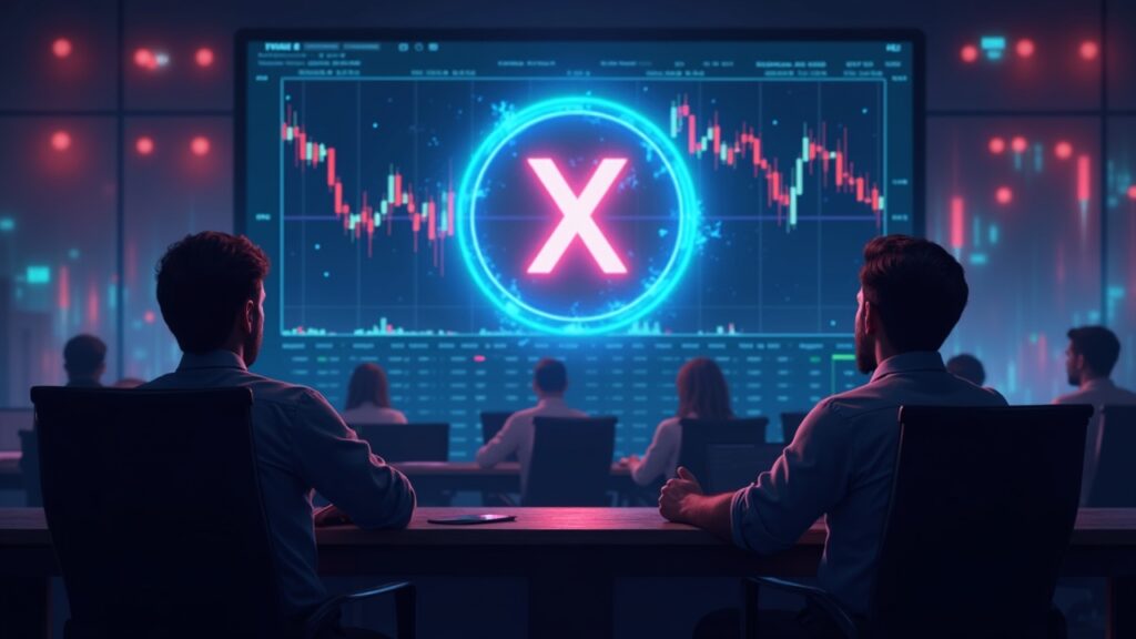 Trader en primer plano observa un holograma de XPL cayendo y un gráfico de liquidez en neón en una sala de noticias.