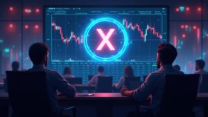 Trader en primer plano observa un holograma de XPL cayendo y un gráfico de liquidez en neón en una sala de noticias.
