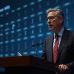 Regulador de la Comisión Electoral del Reino Unido ante un podio, libro mayor blockchain iluminado, donaciones cripto.