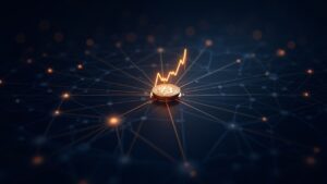 Escena fotorrealista de nodos blockchain conectados con líneas brillantes convergiendo en una moneda, gráfico ascendente y 19.8B.