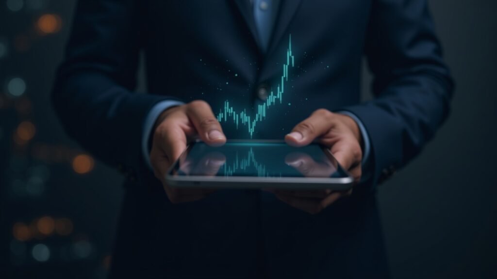 Manos de un operador sobre una tableta con gráfico ascendente, superposición de red blockchain y datos de mercado en segundo plano